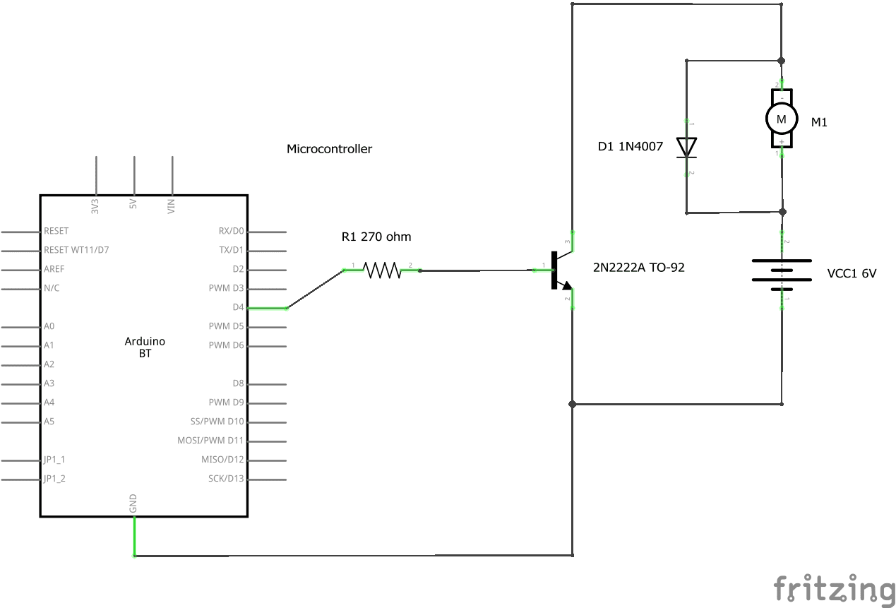 2N2222A NPN transistor used as a low-side switch driving a 6V DC motor with a flyback diode and GPIO control signal.