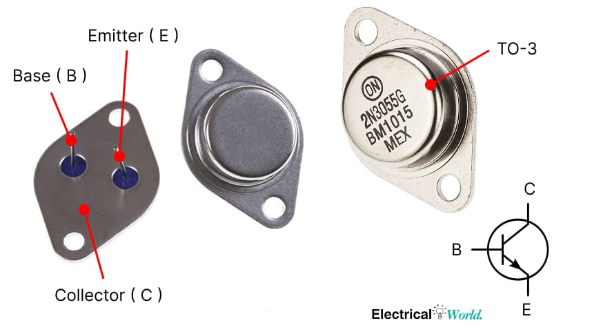 2N3055 power transistor in TO-3 metal package showing base, emitter, and collector connections.