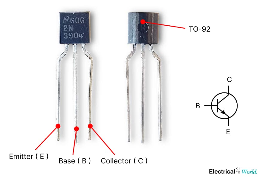2N3904 low-noise NPN transistor in TO-92 package with pinout diagram.