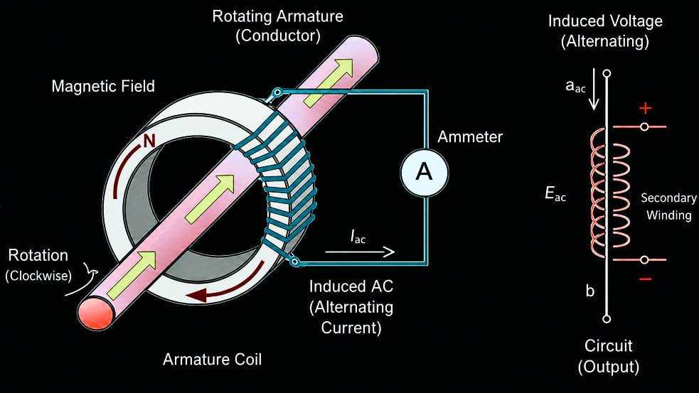 Current transformer working principle diagram showing primary high-voltage conductor, magnetic core, and secondary current output for isolated current measurement
