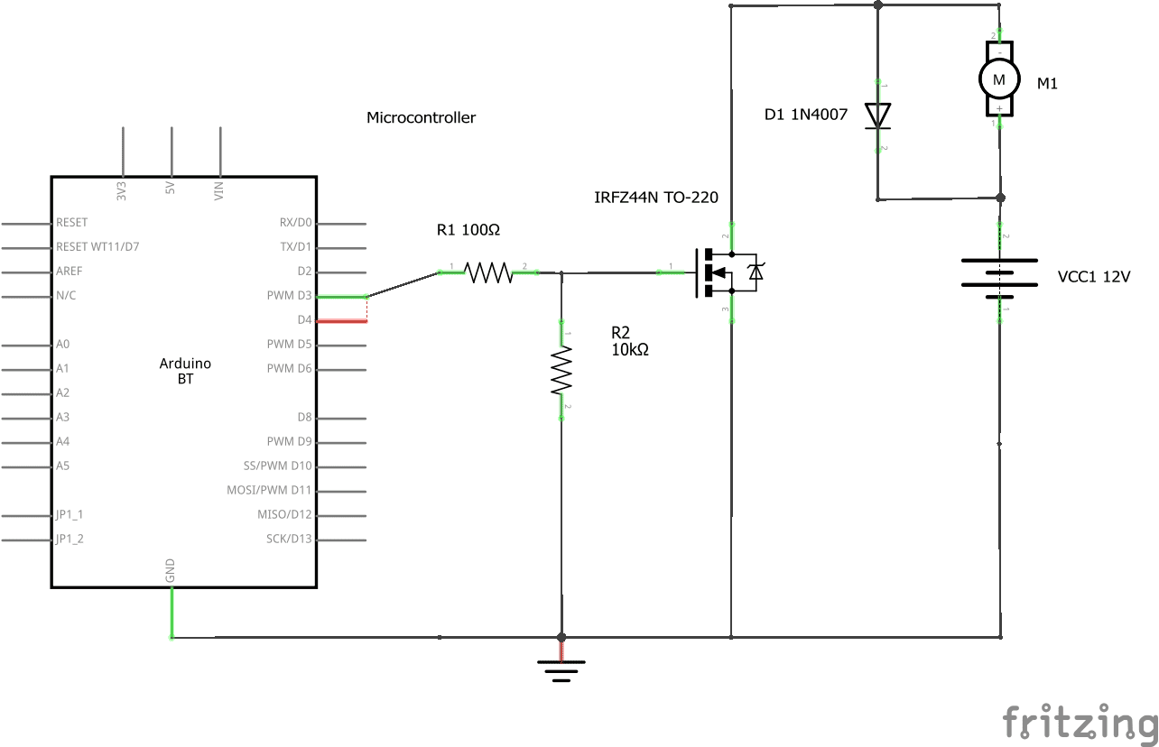 Components for an IRFZ44N MOSFET motor driver including a 12V DC motor, 100 ohm gate resistor, 10k ohm pull-down resistor, flyback diode, and Arduino or ESP32 PWM control.