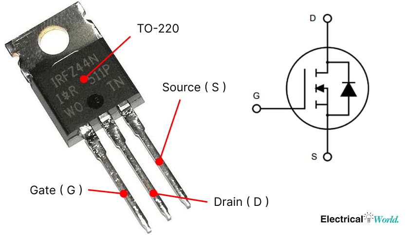 IRFZ44N N-channel MOSFET pinout showing gate, drain, and source terminals.