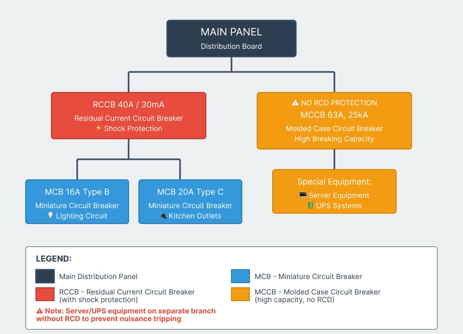 Main panel electrical distribution with RCCB 40A 30mA feeding MCB 16A lighting, MCB 20A kitchen outlets, and MCCB 63A 25kA for servers and UPS