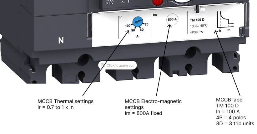 MCCB adjustable trip settings showing thermal, magnetic, and time delay adjustments