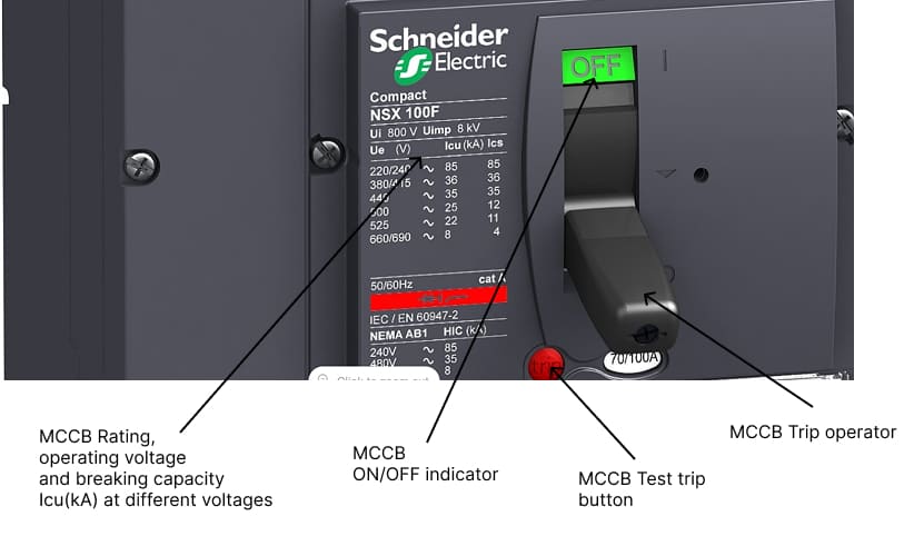 MCCB technical specifications showing current ratings, breaking capacity, and voltage ratings