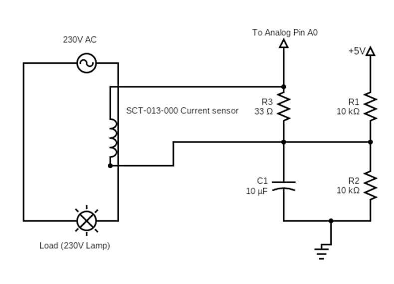 SCT-013 current transformer circuit diagram with 33 ohm burden resistor, 10k voltage divider bias, 10uF capacitor filtering, and Arduino analog input connection