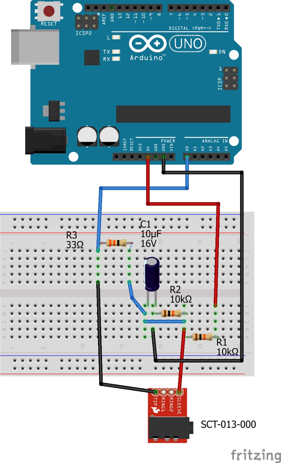 SCT-013 Split Core CT Wiring to Arduino ADC with Burden Resistor and Bias Circuit
