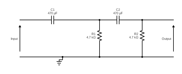 Second order high pass filter design using two cascaded first order RC stages